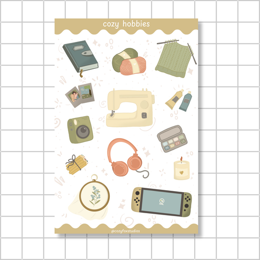 Cozy Hobbies Sticker Sheet: Sewing, Knitting, Gaming