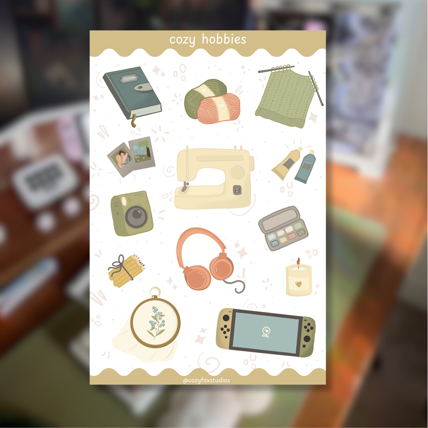 Cozy Hobbies Sticker Sheet: Sewing, Knitting, Gaming