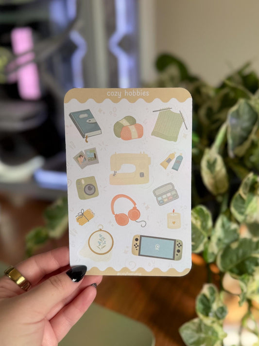 Cozy Hobbies Sticker Sheet: Sewing, Knitting, Gaming